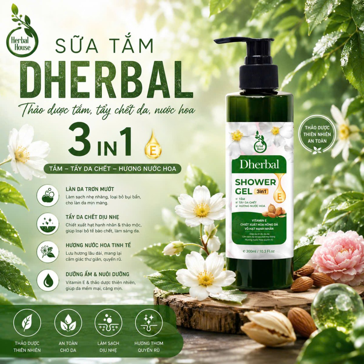 DHERBAL 3IN1 - THẢO DƯỢC TẮM, TẨY DA CHẾT, NƯỚC HOA CHO NỮ